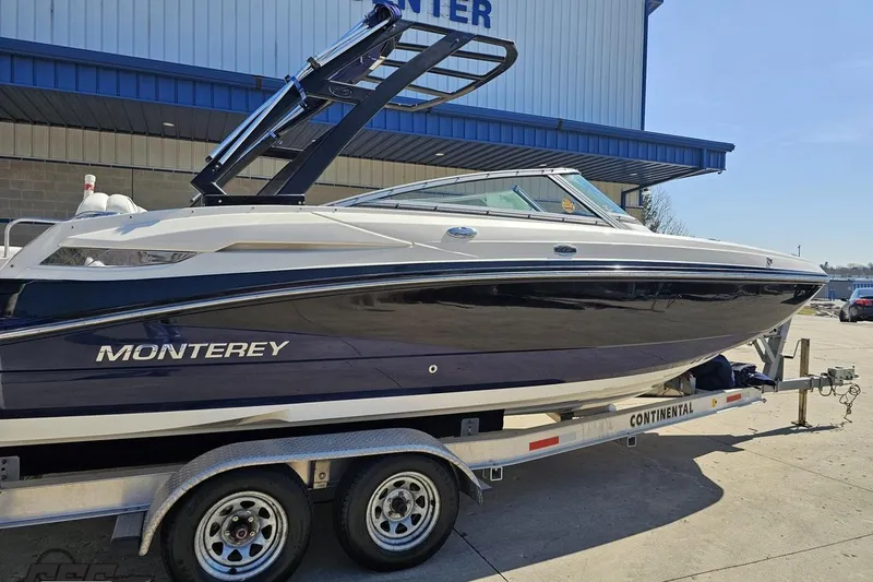 Slide: The Image of 2013 Monterey M3 Sport Boat on trailer outside a building. - 8