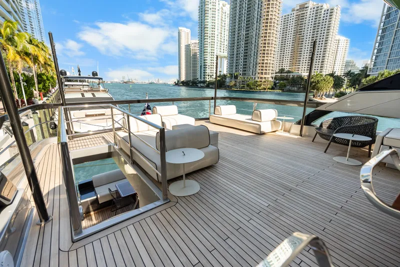 Slide: The Image of Luxurious 2020 Riva 100' Corsaro yacht deck with city skyline view. - 10