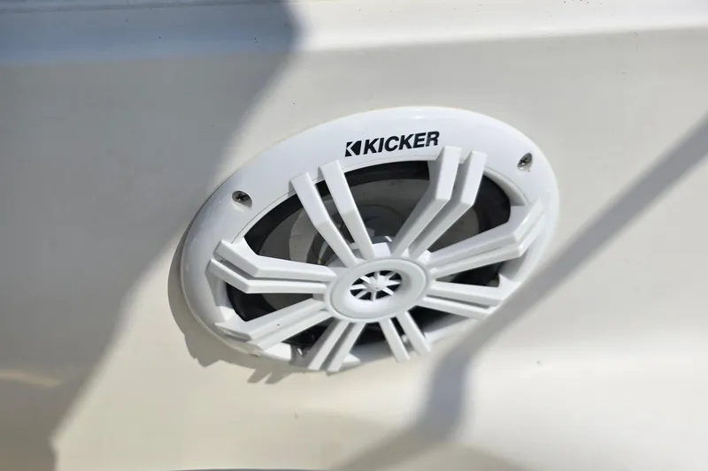 Slide: The Image of Kicker speaker installed on 2001 Sea Ray Sundancer 260 boat exterior. - 17