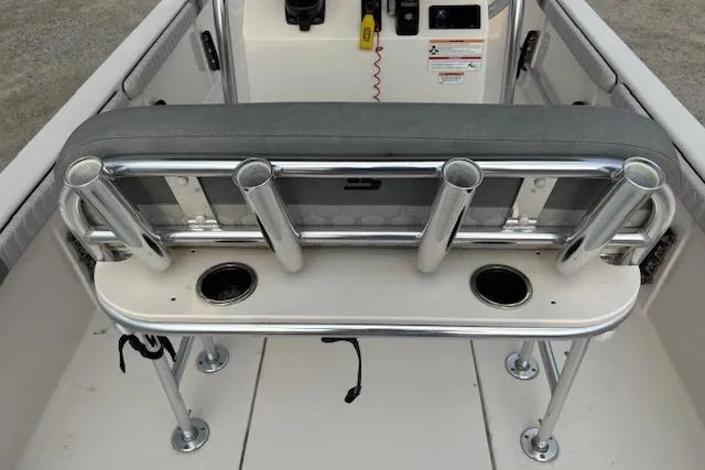 Slide: The Image of 2024 Carolina Skiff 25 LS boat interior with rod holders and seating. - 11