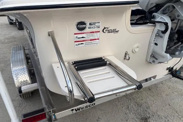 Slide: The Image of 2024 Carolina Skiff 25 LS boat stern with ladder and trailer details. - 33