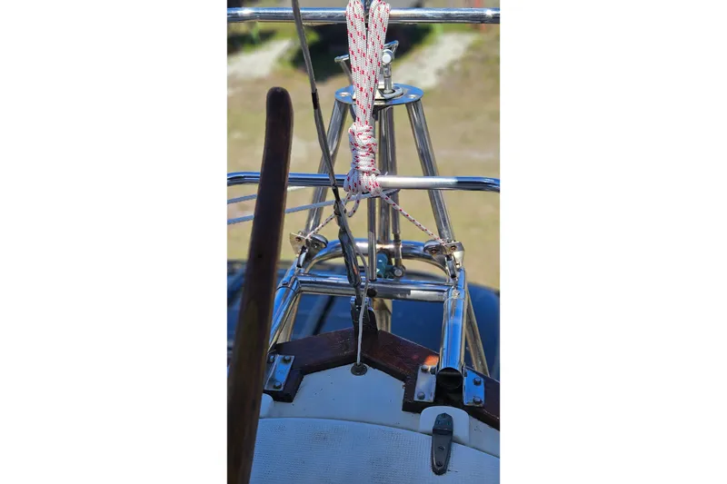 Slide: The Image of Bow view of 1989 Pacific Seacraft 37 sailboat with anchor and rigging details. - 8