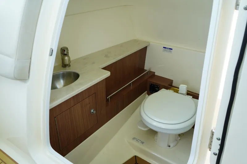 Slide: The Image of 2019 Boston Whaler 270 Vantage boat interior with sink and toilet. - 25