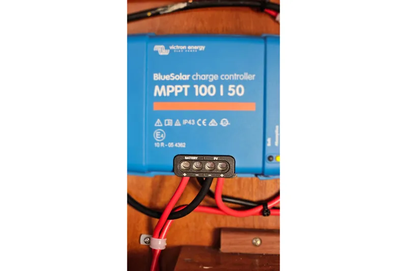 Slide: The Image of Overhead view of a 2000 Beneteau Oceanis Clipper 361 sailboat with solar panels. - 67