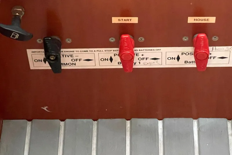 Slide: The Image of Control panel of a 2007 Beneteau 423 sailboat with labeled switches. - 20