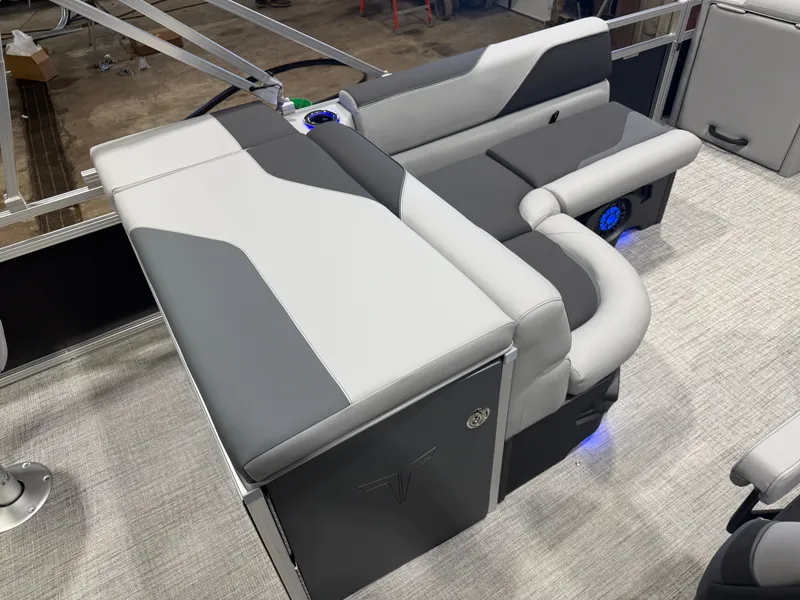 Slide: The Image of Interior of Tahoe Sport 2385 Tritoon with gray upholstery, 2026 model. - 17