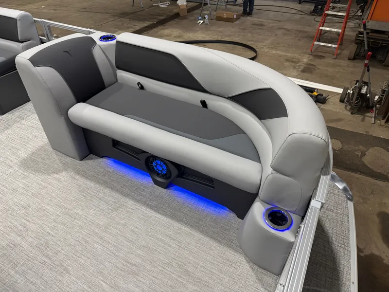 Slide: The Image of 2026 Tahoe Sport 2385 Tritoon seating with blue LED lighting. - 8