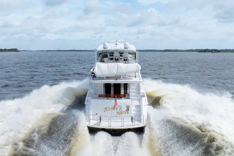 Slide: The Image of 2008 Hatteras 64 Motor Yacht cruising on open water, rear view. - 24