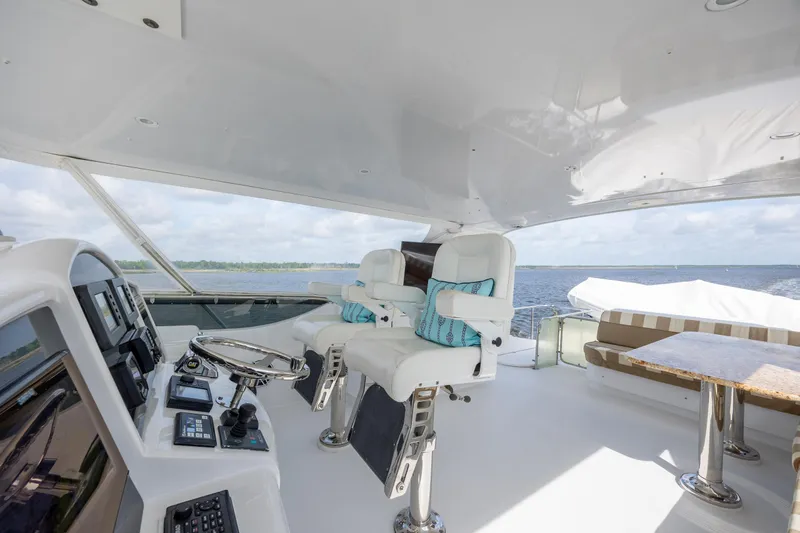 Slide: The Image of Luxurious 2008 Hatteras 64 Motor Yacht helm with plush seating and ocean view. - 84