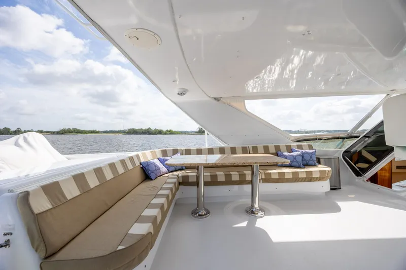 Slide: The Image of Spacious outdoor seating on 2008 Hatteras 64 Motor Yacht with scenic water view. - 89