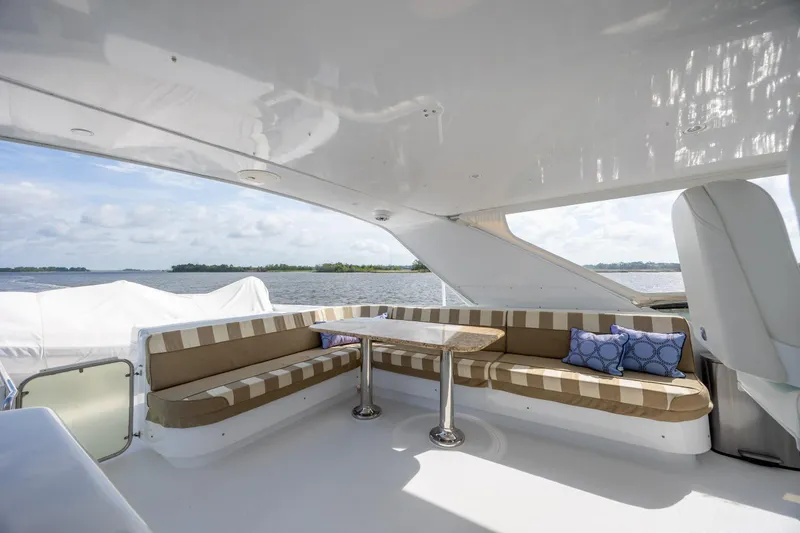 Slide: The Image of Spacious deck seating on 2008 Hatteras 64 Motor Yacht with scenic water view. - 90