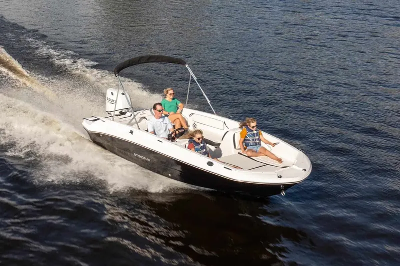 Slide: The Image of 2026 Stingray 182 SC boat cruising on water with passengers. - 13