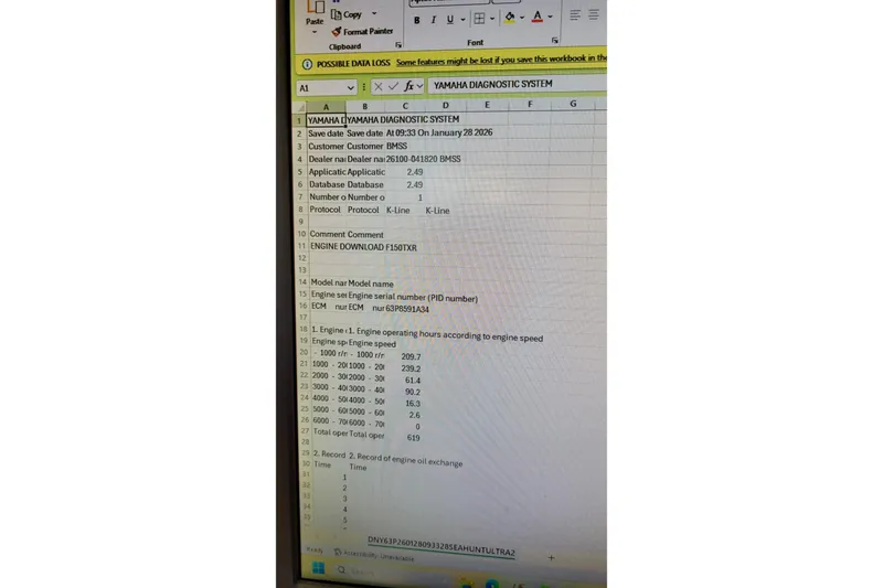 Slide: The Image of Spreadsheet displaying Yamaha diagnostic data for Sea Hunt Ultra 210, 2010 model. - 27
