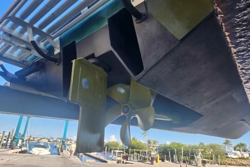 Slide: The Image of Underwater view of a 2000 SeaVee 290B boat propeller and rudder system. - 8