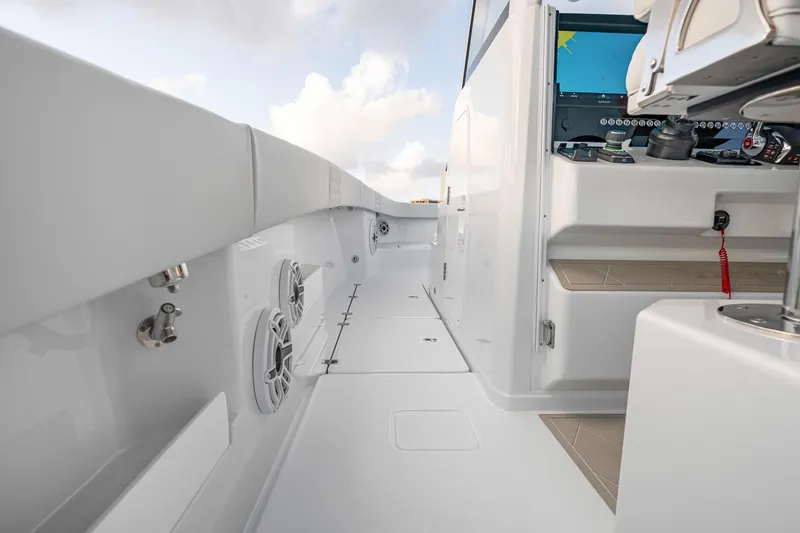 Slide: The Image of 2026 Freeman 38 boat interior with sleek design and modern controls. - 62