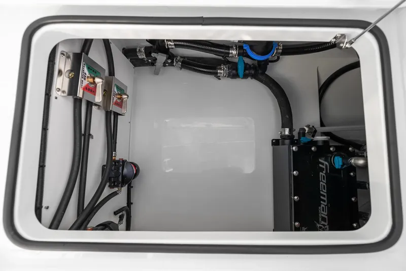 Slide: The Image of Freeman 38 boat compartment with wiring and plumbing, 2026 model. - 85