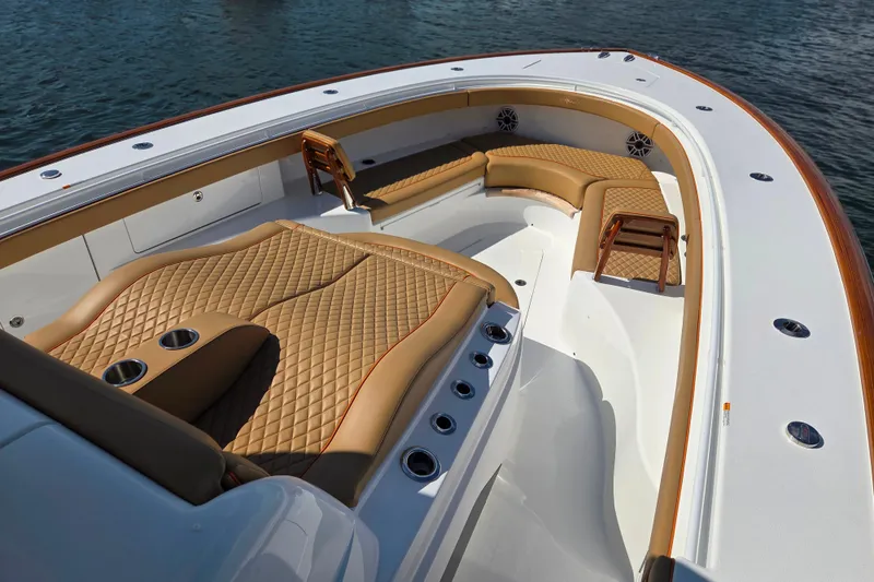 Slide: The Image of Luxurious 2023 Valhalla Boatworks V-46 with elegant tan seating and sleek design. - 33