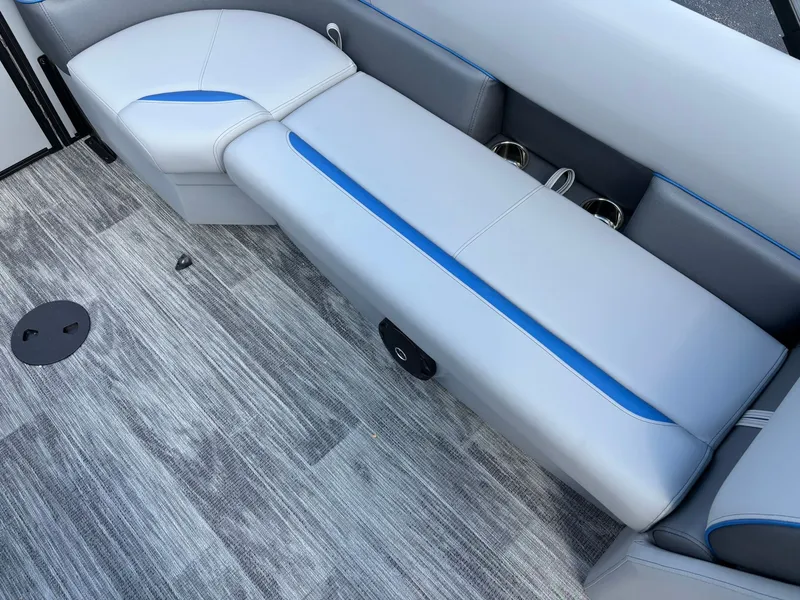 Slide: The Image of Interior of Bentley Pontoons 223 Bolt 2027 with gray and blue upholstery. - 27