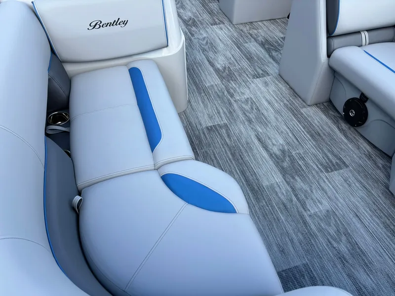 Slide: The Image of Interior of Bentley Pontoons 223 Bolt 2027 with gray and blue seating. - 9