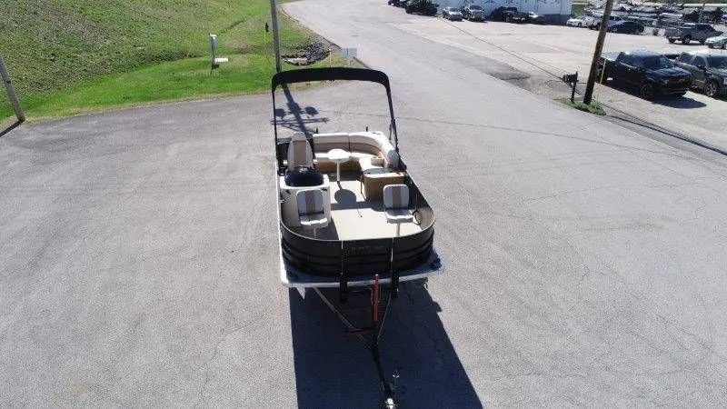 Slide: The Image of Aerial view of a 2018 Lexington 5 Series pontoon boat on a trailer. - 45