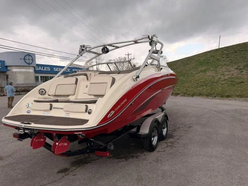 Slide: The Image of 2014 Yamaha Boats 242 Limited S on trailer, rear view. - 17