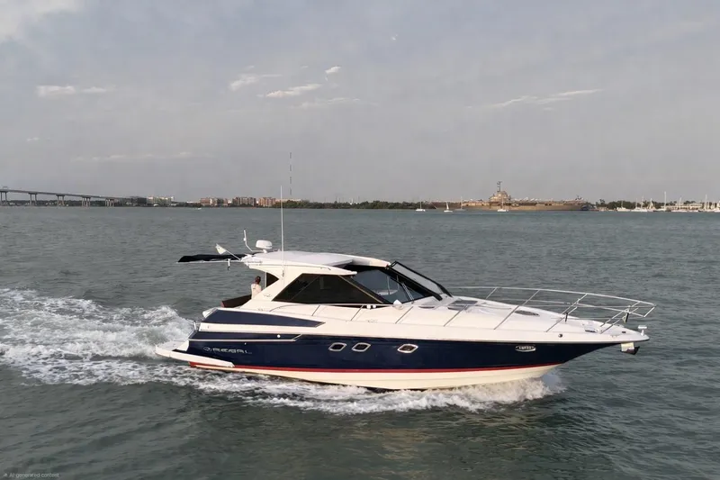 The Image of 2012 Regal 46 Sport Coupe cruising on open water, cityscape in background. - 0