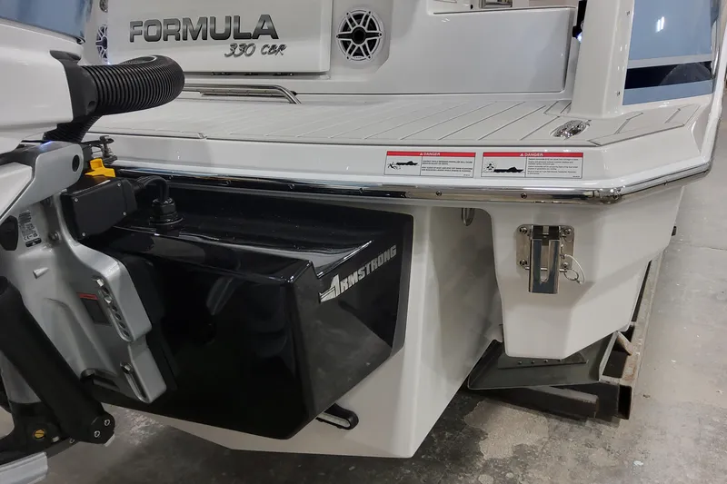 Slide: The Image of 2026 Formula 330 Crossover Bowrider OB rear view with Armstrong bracket and outboard motor. - 11