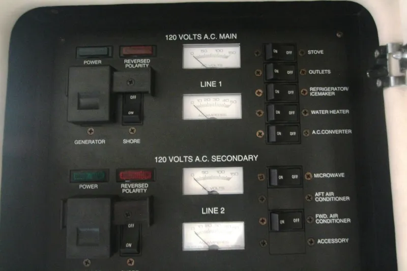Slide: The Image of Electrical panel of a 1996 Sea Ray Sundancer 330 boat, showing power controls. - 52