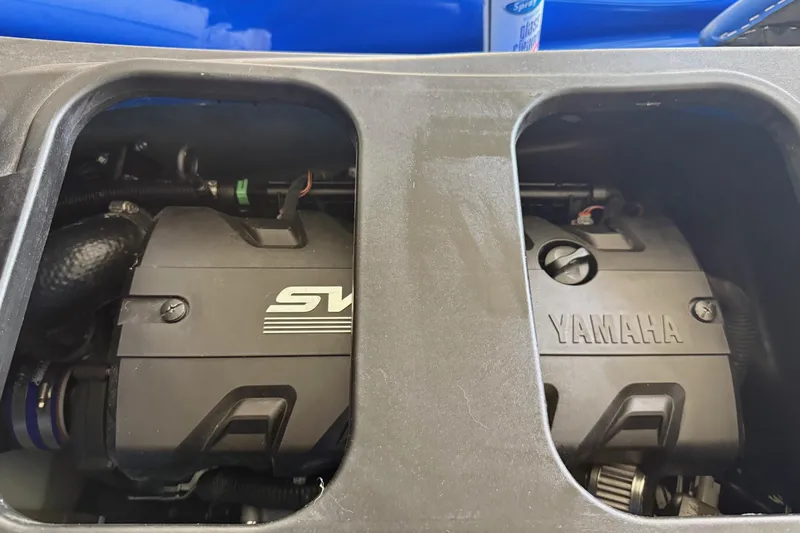 Slide: The Image of 2023 Yamaha WaveRunner GP1800R SVHO engine compartment, showcasing dual engine covers. - 8