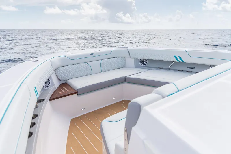 Slide: The Image of Manufacturer Provided Image: Luxurious 2026 Regal 43 SAV boat interior with ocean view and plush seating. - 5