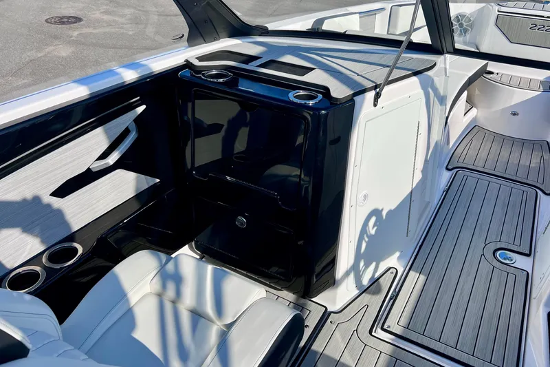 Slide: The Image of 2024 Yamaha Boats 222SD interior with sleek seating and modern design elements. - 14