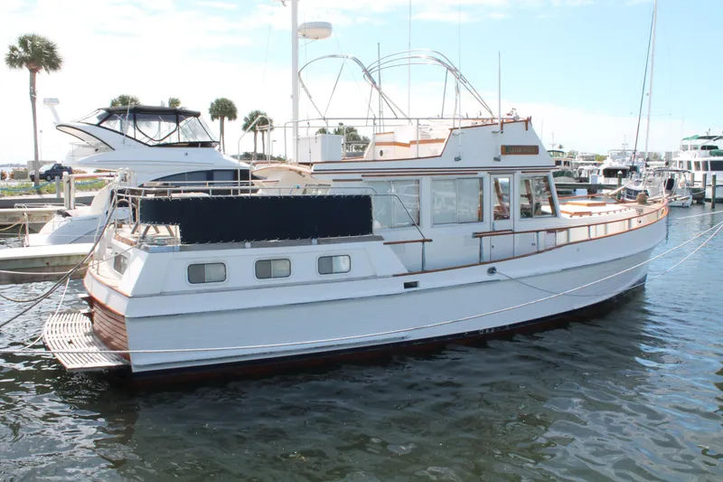 The Image of 1987 Grand Banks 42 Motoryacht docked at a marina, showcasing classic design. - 0