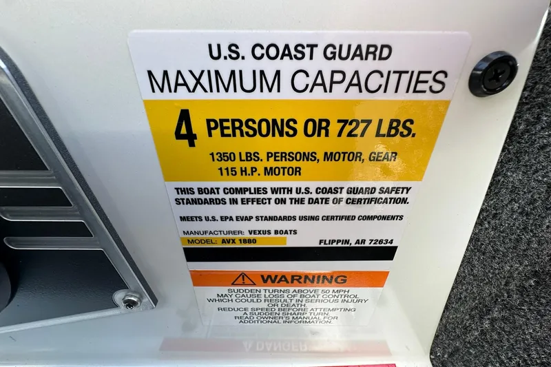 Slide: The Image of U.S. Coast Guard capacity label for 2026 Vexus AVX1880 boat, 4 persons or 727 lbs. - 23