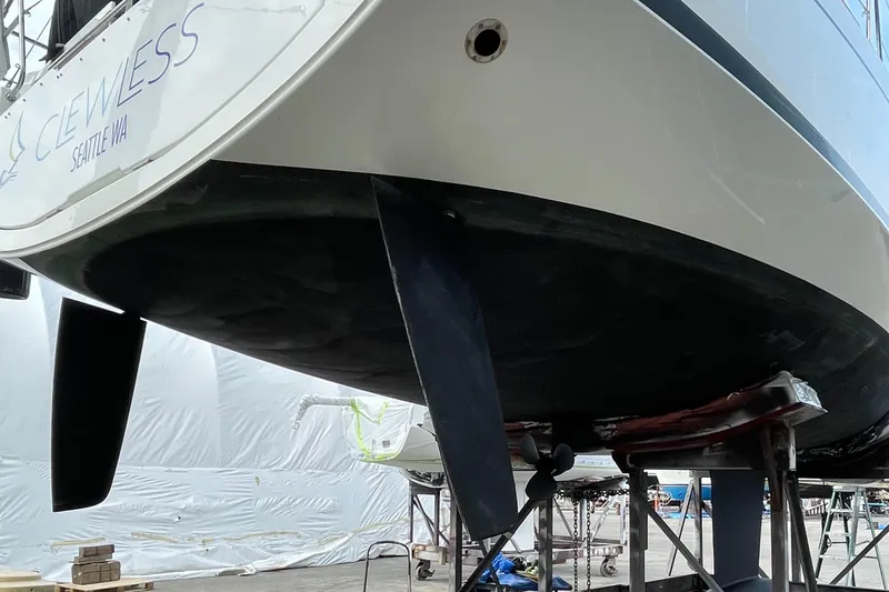 Slide: The Image of Beneteau Oceanis 38.1 sailboat hull showing twin rudders and keel - 28