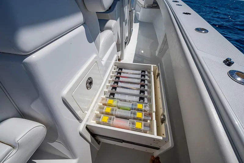 Slide: The Image of Drawer with organized fishing tackle on a 2017 Bahama 41 boat. - 23