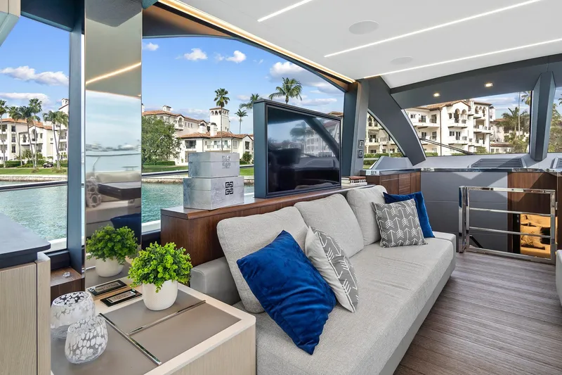 Slide: The Image of Luxurious interior of 2022 Astondoa 66 Flybridge yacht with modern decor and ocean view. - 27