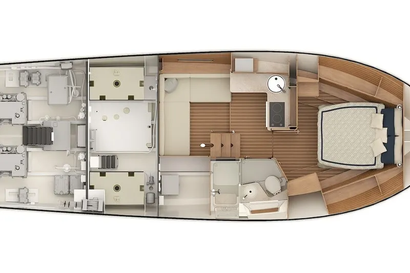 Slide: The Image of Floor plan of 2027 Sabre 38 Salon Express yacht, featuring bedroom, kitchen, and bathroom areas. - 12