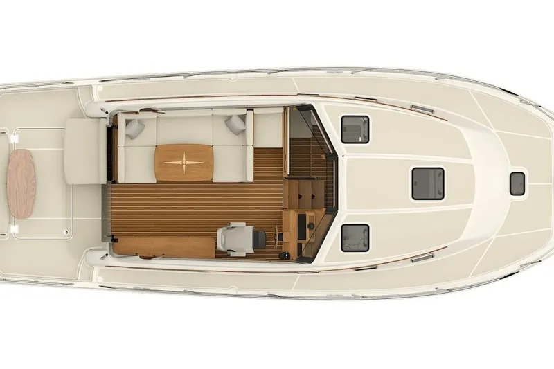 Slide: The Image of Top view of 2027 Sabre 38 Salon Express yacht interior, featuring elegant seating and helm. - 13