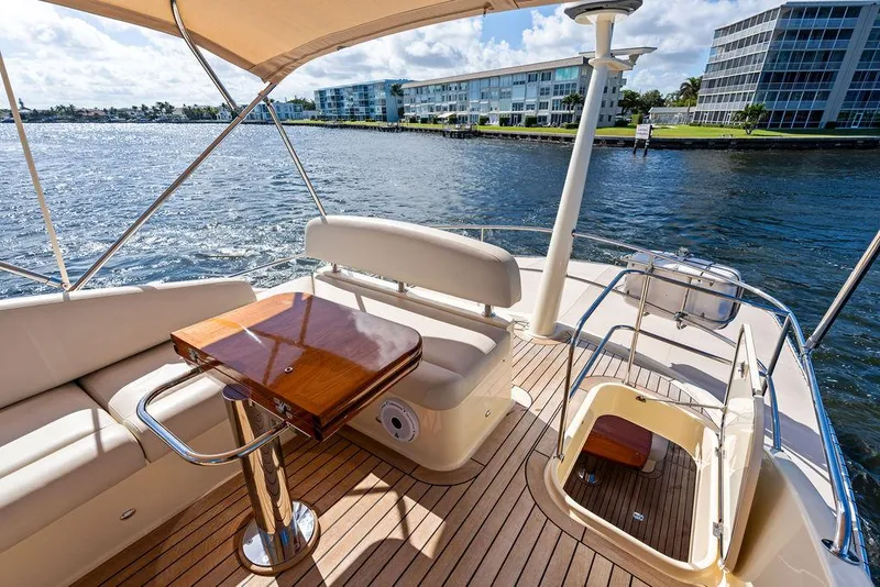 Slide: The Image of Luxurious 2018 Palm Beach PB55 Flybridge yacht with elegant seating and scenic waterfront view. - 24