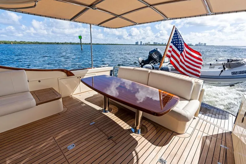 Slide: The Image of Luxurious 2018 Palm Beach Motor Yachts PB55 Flybridge with elegant deck and American flag. - 8