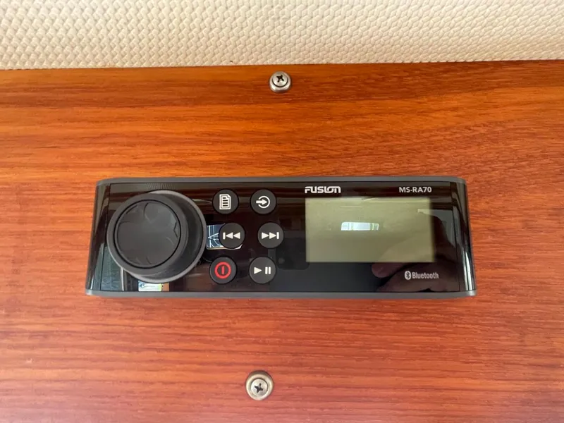 Slide: The Image of Fusion MS-RA70 stereo system on 1983 Ocean Alexander 40 Double Cabin yacht. - 46