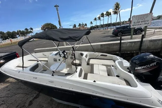 Slide: The Image of 2018 Bayliner Element E18 boat with canopy, docked near palm trees and a Mercury engine. - 4