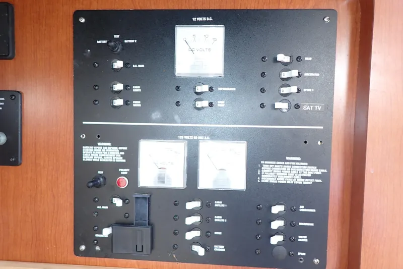 Slide: The Image of Electrical control panel on a 2014 Pro-Line 32 Express boat. - 96