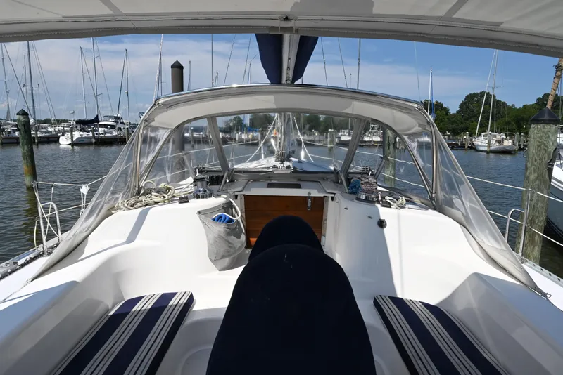 Slide: The Image of Cockpit view of 2002 Catalina 400 MkII sailboat docked at marina. - 28