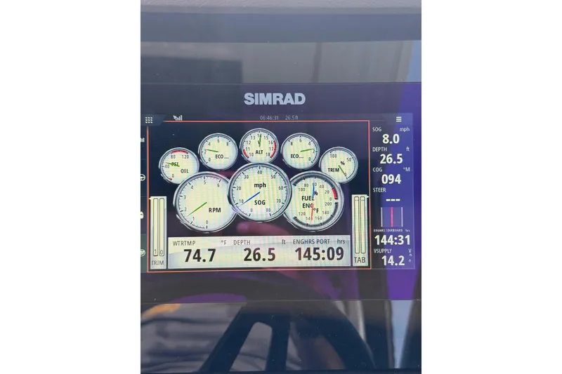 Slide: The Image of Simrad display on 2019 Sea Ray Sundancer 320 showing engine and navigation data. - 34