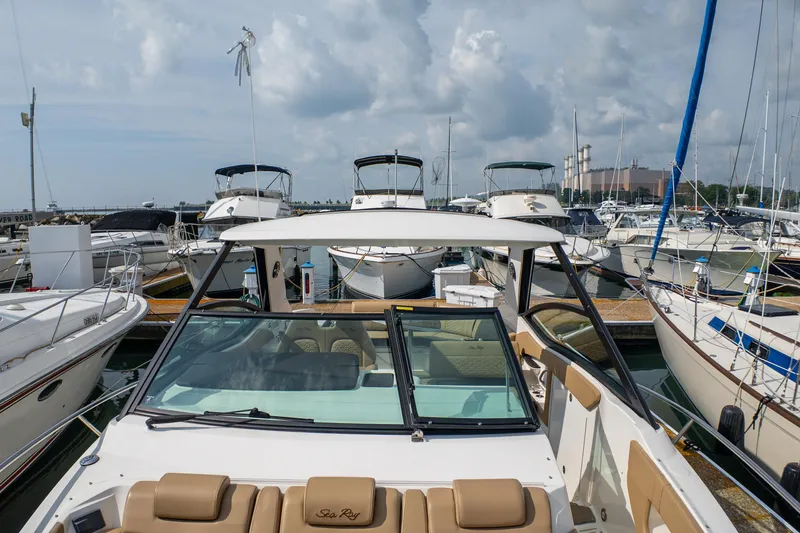 Slide: The Image of 2019 Sea Ray Sundancer 320 docked among other boats at a marina. - 42