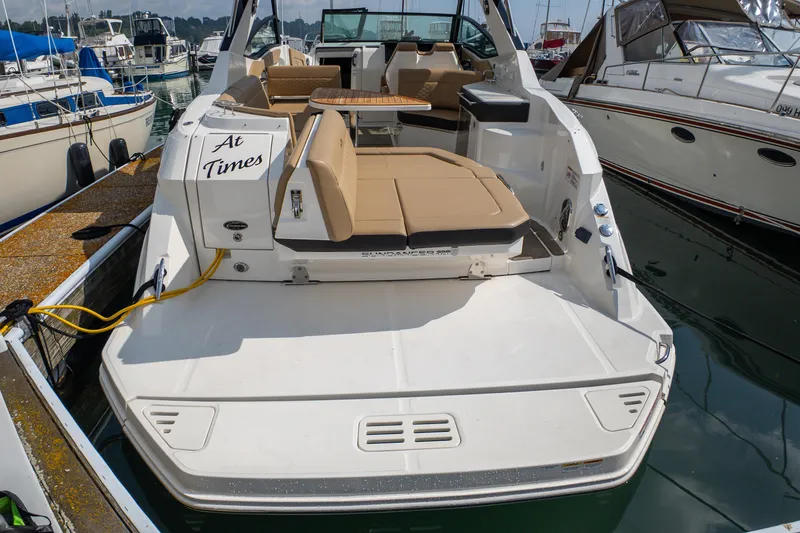 Slide: The Image of 2019 Sea Ray Sundancer 320 docked, featuring spacious seating and sleek design. - 6