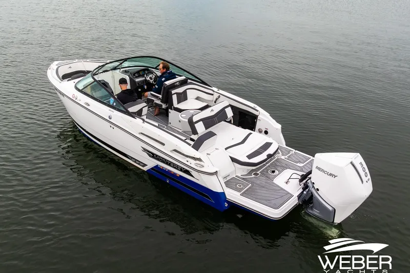 Slide: The Image of 2023 Monterey 255SS Super Sport boat on water, featuring sleek design and Mercury outboard engine. - 8
