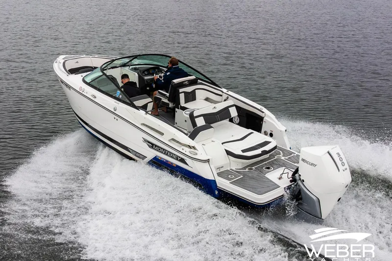 Slide: The Image of 2023 Monterey 255SS Super Sport boat cruising on water, rear view. - 13