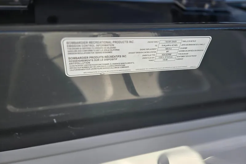 Slide: The Image of 2008 Sea-Doo 150 Speedster engine specifications label on boat interior. - 27